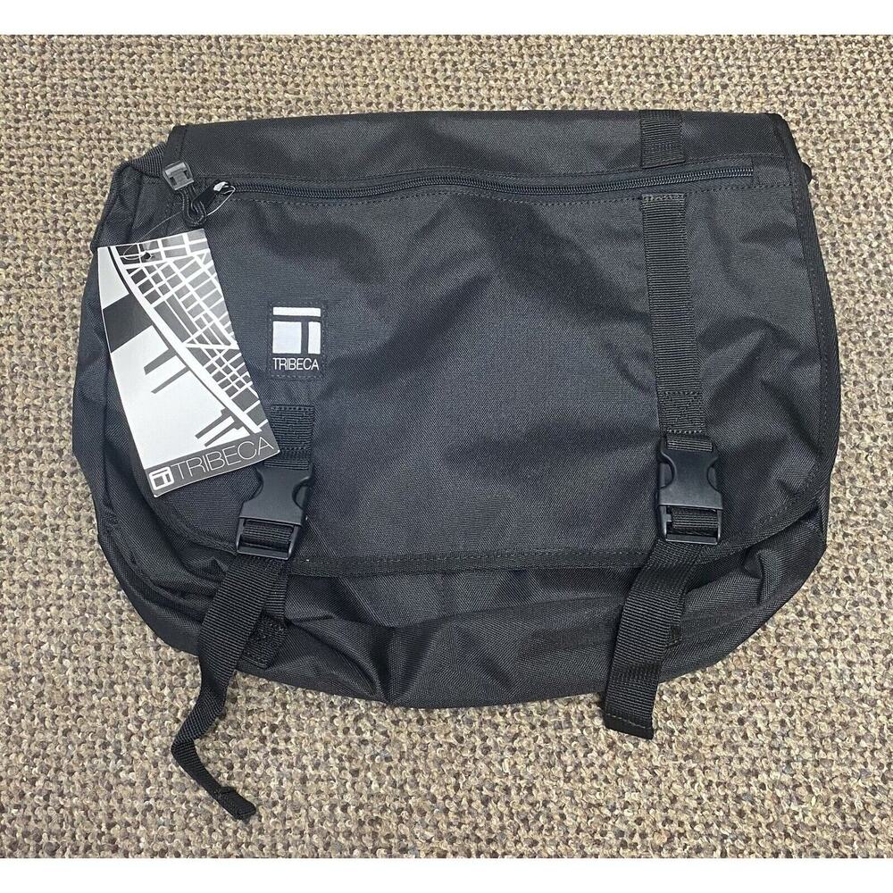 Tribeca Messenger Bag Solid Black 16x12 Laptop Books Adjustable Strap NWT 1
